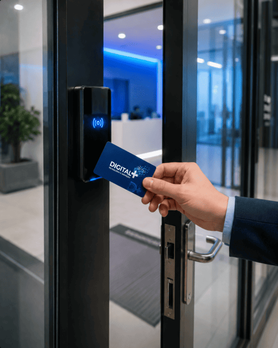 porta abrindo automaticamento com um cartão por aproximação